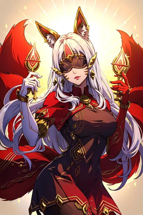 masterpiece, best quality, IncrsAhriArcana, fox tail, multiple tails, gloves, dress, mask, high heels, pantyhose, upper body, <lora:AhriArcana:0.9>