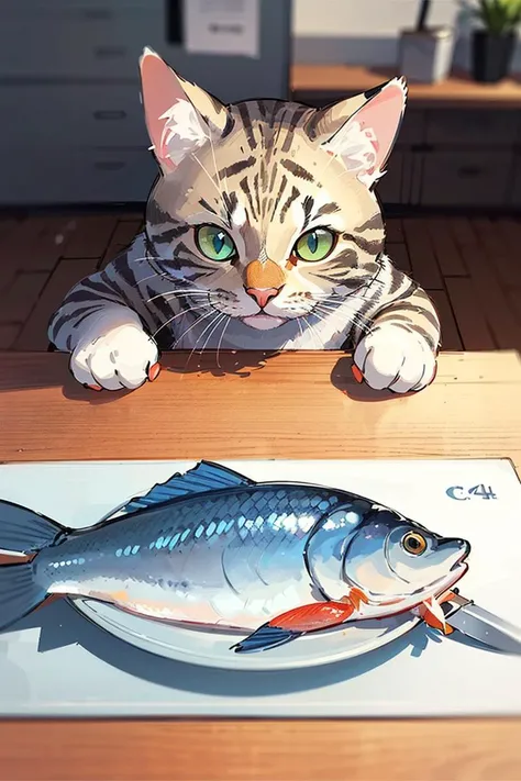 <lora:c4ttitudeflexver:0.8>, close-up photography of (grey tabby cat:1.2) (cuts the fish with a knife on the table:1.2), (c4ttitude:1.3), in glasstech kitchen, hyper realistic, intricate detail, (foggy:1.1), <lora:GlassTech-20:0.8>, pov from below