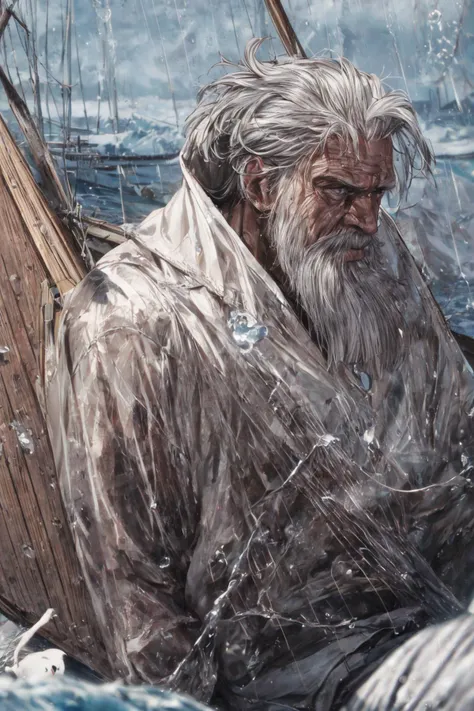 (RAW photo, 8k uhd, Analog style, Masterpiece, Best Quality, Highres:1.4), (dramatic, cinematic:1.2), BREAK,
movie shot of (80 yo:1.2) (old male:1.3) (fisherman:1.25) (sailor man:1.25) (sitting:1.1) (on deck:1.35) of (old dilapidated:1.2) (wooden sailboat:1.3), against railing, (from side:1.2), (stern face:1.2), (deep wrinkles:1.2), (gray long beard:1.3), (grey eyes:1.2), ((shabby:1.2) old (torn:1.15) (raincoat:1.1), brown (pants:1.1), (sailor hat:1.1) (sou'wester:1.2), jackboots:1.1), (lowered head:1.2), (tired sad expression:1.15), BREAK,
(stormy sea, gloomy dark clouds:1.2) on background, (splashes, water drops, rain:1.25), (seafoam:1.1), (flying white seagulls:1.25), (rocks, cliffs:1.3), (dark haze:1.2), (wet clothes:1.1), fishing (nets with fish:1.3) on deck, (ropes:1.1), (tense hopeless eerie atmosphere, cold, floes:1.2), BREAK,
(photorealistic:1.3), (rough details, (male focus:1.1):1.2), (desaturated, cold lighting:1.3), (hyperdetailed, absurdres:1.2), BREAK,
<lora:more_details:0.9>,
<lora:zoom_slider_v1:4.66>,