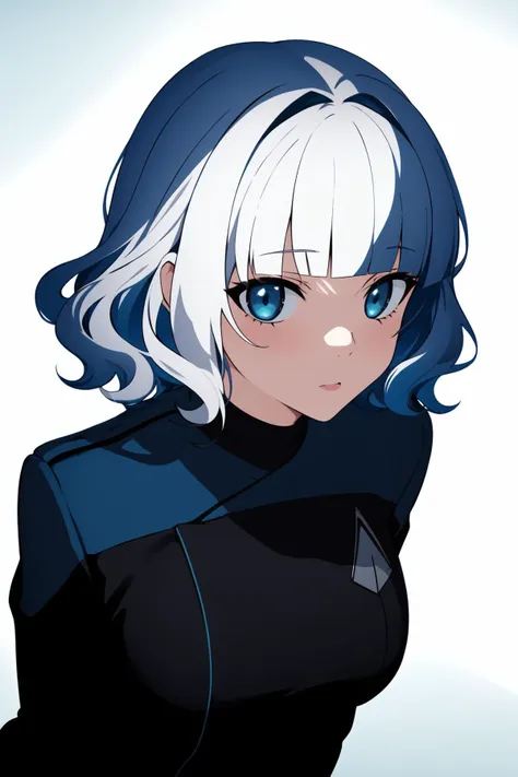 1girl, solo, expressive eyes, perfect face,
short hair, wavy hair, streaked hair, blunt bangs, white hair, greem eyes, large breasts, wearing (pcdst black and blue uniform,black long sleeves,blue shoulders:1.2),<lora:STPicardUniforms:0.8>,
forest, sunset, portrait, from above,
masterpiece, best quality,