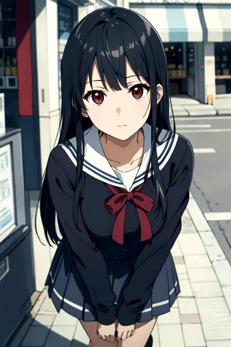 (masterpiece),(highest quality), highres, (high resolution textures), in dynamic pose, bokeh, (finely detail, intricate details, hyperdetailed:1.15), (official art, extreme detailed, highest detailed), an extremely delicate and beautiful, (best quality, masterpiece, perfect face, beautiful and aesthetic:1.2, colorful, dynamic angle, highest detailed face), 1girl, solo, mitsuki1, kyoto animation, long hair, school uniform, black hair, red eyes, pleated skirt, black socks, bangs, kneehighs, sailor collar, long sleeves, ribbon, standing, outdoors, waiting outside a convenience store, <lora:nase_mitsuki_v2:0.4>