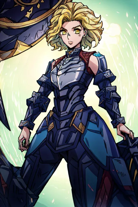 best quality, intricate details,
1girl, <lora:rellLeagueOfLegends_02:0.8> rell \(league of legends\), rell \(league of legends\),blonde hair, yellow eyes, short hair,
<lora:war_glamv1.1:0.8> War_Glam, wearing War_Glam, grey armor, plate armor, pauldrons
<lora:diamond_wa_kudakenai_2:0.8> araki hirohiko (style),