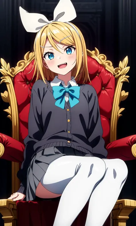 manga,masterpiece,best quality,<lora:add_detail:0.7>,(kagamine_rin:1),(masterpiece, best quality:1.2), highres, anime screencap, anime coloring, perfect lighting, 1girl, solo, open mouth, fang, grin, BREAK school uniform, black cardigan, white shirt, collared shirt, long sleeves, blue bowtie, striped bowtie, grey skirt, pleated skirt, white pantyhose, sitting, throne, widely spread legs