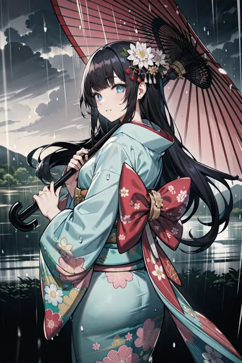 closeup, masterpiece, best quality, landscape in Japan, raining, holding umbrella, a pretty saturated art, detailed eyes, looking back, long black hair, exposed back, kimono,