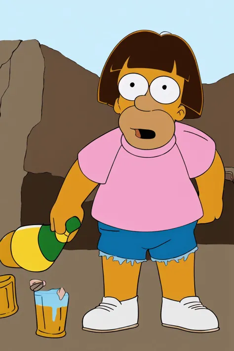 (best quality, masterpiece:1.1), insanely detailed, absurdres, <lora:DoraTheExplorer_Leaf2:0.5> 1man, solo, (Dora, short hair, brown hair), brown eyes, tan, pink shirt, shorts, <lora:homer simpson_v4.0_:0.9> homer simpson, cel shading, fat, humanoid, half closed eyes, holding bottle, beer