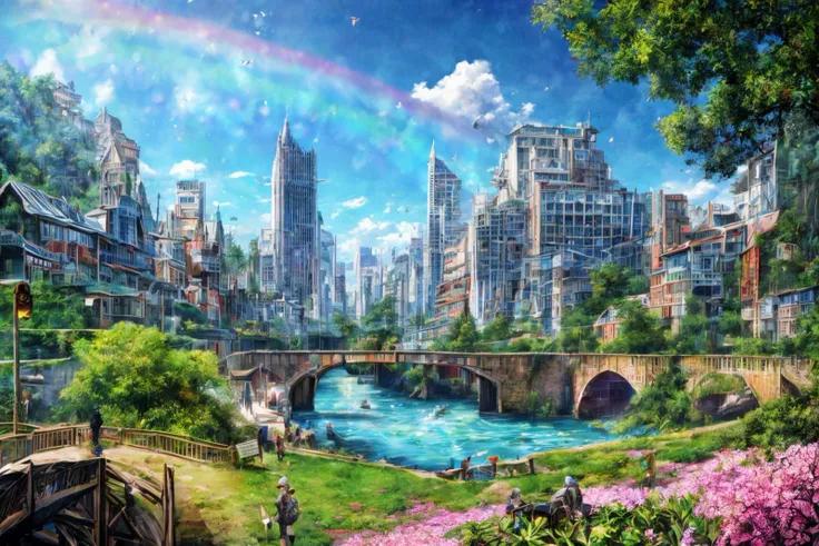 (RAW photo, 8k uhd, Analog style, Masterpiece, Best Quality, Highres:1.4), (dramatic, cinematic:1.2), BREAK,
movie shot of colorful hyperdetailed fantastic fantasy mysterious magic landscape, above clouds, (medieval elven fantasy (village:1.35), (steampunk:1.05) (peasant:1.15) (robots:1.1) (crowd:1.35), playing (little steampunk (girl:1.25):1.1), (farm:1.31), (lake, (river:1.14):1.15), (bridges:1.4), (waterfalls:1.35), (boat:1.4), (dock:1.1), (cliff:1.35), road, (green:1.05) valley, (flowers:1.2), (maple trees:0.65), (green:1.05) (fields:1.3), (fences:1.3), (snowy:1.17) (pines:1.1), (pink:1.0) (flowering tree:1.12):1.22), BREAK,
((mountains:1.22), (futuristic:1.15) (overgrown:1.27) (skyscrapers:1.53) (ruins:1.35), (market, water wheel, castle:1.14), (colorful houses:1.2), birds, stairs, spaceport, ((bright morning sun daylight:1.05) rainbow pure (blue:1.05) sky, glowing:1.05), starry, crescent, meteor, ((fluffy cloud:1.2), godrays, light particles:1.05), various seasons, steam, smokes:1.2), BREAK,
(photorealistic:1.2), (intricate:1.3), (light theme:1.3), (inspiring joyful atmosphere:1.2), (fabulous, fantasy, mysterious, science fiction, post-apocalypse, incredible, amazing, happy, sunny, pastoral:1.2), (hyperdetailed, absurdres:1.2), (colorful, saturated:1.4), colorful lighting, BREAK,
<lora:more_details:1>,