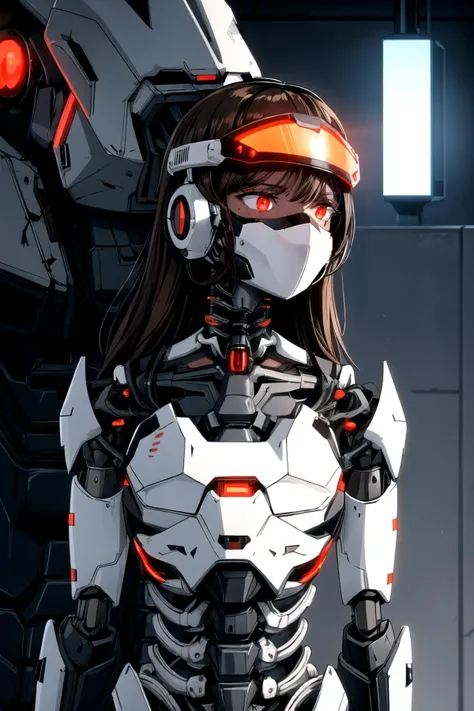 1girl, black skin, brown hair, mecha musume, exposed mechanical spine, exposed mechanical ribs, mechanical neck, doll joints, glowing hair, cyborg, mechanical facemask, reflective visor, cyberpunk helmet,  grim dark esthetic, <lora:add_detail:.5>