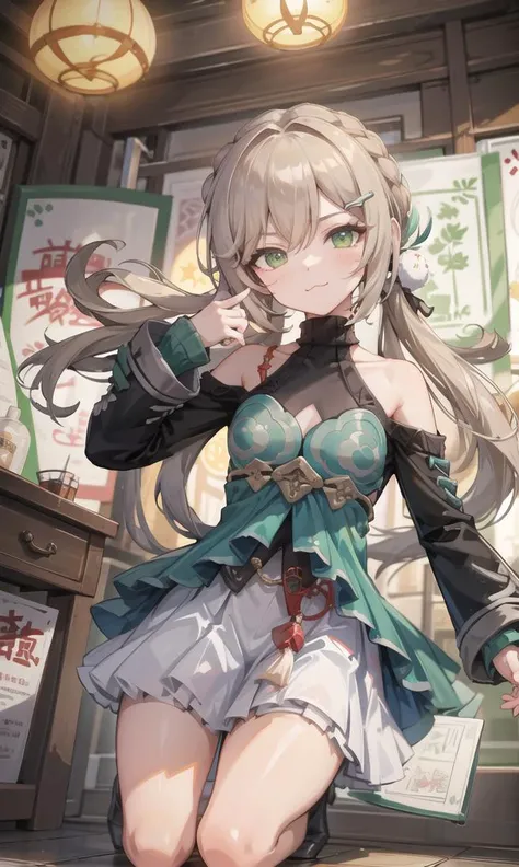 ((masterpiece,best quality)),1girl,qingque hsr,two tails hair ,cute,brown_hair,baldric,green eyes,off shoulder,flat chest,small breast,beautiful detailed cloud,action pose,:3,naughty face,looking at viewer, perspective,dutch angle,mahjong_tile,mahjong<lora:StarRail_Qingque_AP_v1:1:MIDD>