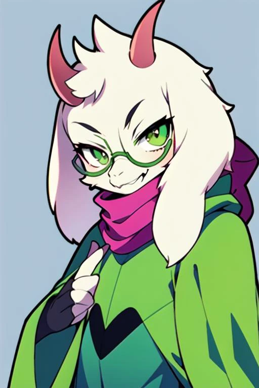 masterpiece, best quality, (highres:1.2), 1boy, solo, furry, white fur, goat horns, pink horns, ralsei, snout, round eyewear, glasses, goat ears, fluffy, anthro, horns, upper body, looking at viewer, green eyes, pink scarf, green dress, green sleeves, green robe, long sleeves, flat chest, simple background, white background, evil, villain, villainous, evil grin, (smug:1.2), >:), smirk, SMTDoiStyle, <lora:ralsei:1> <lora:SMTDoiStyle:0.7>