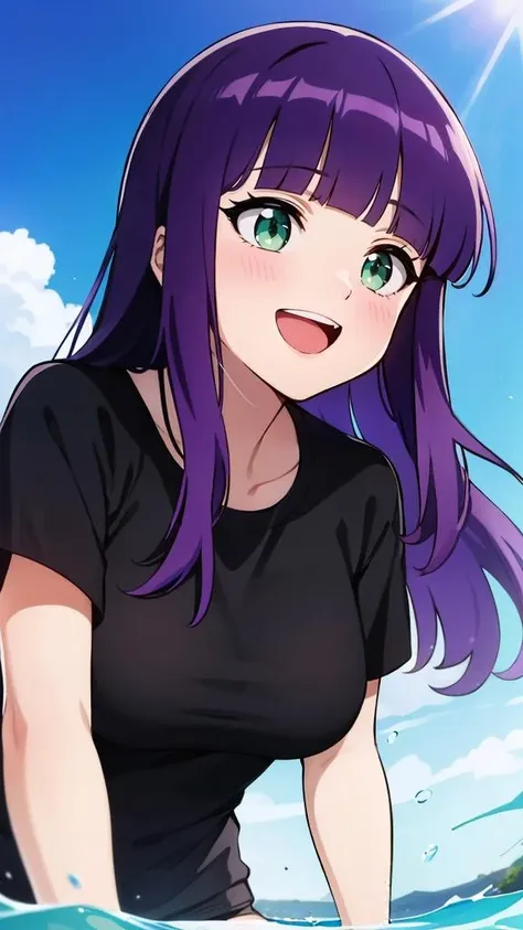 solo, 
long hair, wavy hair, purple hair, blunt bangs, green eyes, medium breasts, black t-shirt, open mouth, smile, 
summer, beach, splashing, from below, 
masterpiece, best quality, absurdres,