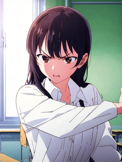 masterpiece, best quality, <lora:Anna Yamada_v2.0:0.85> anna_yamada, long hair, black hair, brown eyes, bangs 
<lora:gostlapped.sd15.v2:0.7>
(gostlapped), angry 1girl, indoors, school uniform, white shirt, collared shirt, motion lines,