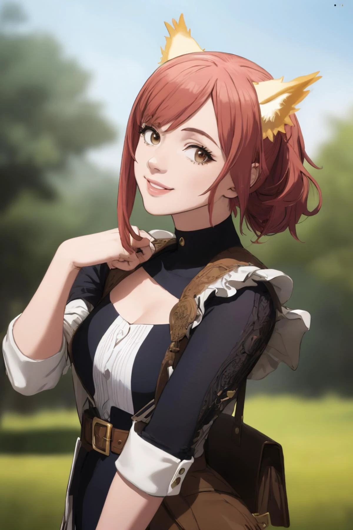 (best quality, masterpiece, colorful, dynamic angle, realistic), upper body photo, fashion photography of cute, ratatoskr, animal ears, casual clothes, on a date, in a park, cowboy shot, looking at viewer, smile <lora:ratatoskr-fe-richy-v1:0.9> (ultrahigh resolution textures), in dynamic pose, bokeh, (intricate details, hyperdetailed:1.15), (fantasy background), (official art, extreme detailed, highest detailed), HDR+