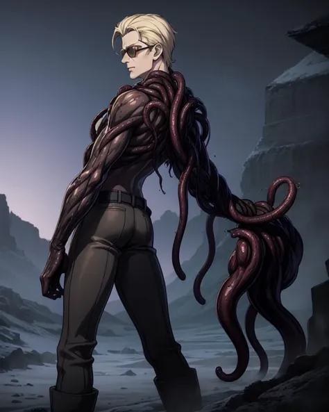 4k wallpaper, illustration, Volumetric_Lighting, ultra-detailed, very aesthetic, intricate details, 8k, masterpiece, best_quality, BREAK albert wesker, 1boy, blonde, black gloves, (sunglasses:1.3), belt, black pants, looking at viewer, toned, athletic, fit, (slicked back hair:1.4), bare chest, mature male, short hair, <lora:Albert_Wesker_Ouroboros:1> ((black tendrils on body, orange pustule-like organs that emerged in the center of his chest and back, black boots, glowing pustules, tentacles sprouted that completely enveloped his torso and limbs)), (focused, intense glare), (reddish orange eyes), slit pupils, (angular face, sharp_featured face), (vigilant and clever), (navigating the harsh arctic environment), BREAK (Low angle (from the side) view Extreme Distance shot), BREAK, best quality, perfect anime illustration, highly detailed, high resolution, high quality, OverallDetail, Illust-InstaFilter, Best_QualityPos, Earth-QualityPos, BodyPositive, prettify, hotify, <lora:neg_bdsqlsz_V2:0.4>, anime, best quality, (masterpiece:1.4), (high quality:1.4), sharp focus, <lora:hyperdenoiser_v090:1>, <lora:hyperrefiner_v090:1>, <lora:add_detail:0.6>, 4k, absurd resolution, ah1, bad-hands-5, Stable_Yogis_PDXL_Positives, AS-Adult, AS-MidAged, (solo:1.5),