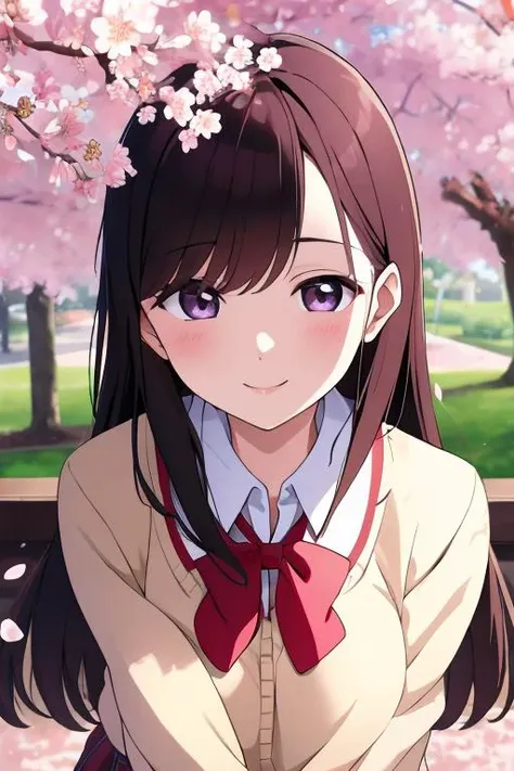 Cherry blossoms, park, falling cherry blossoms, school uniform, smile, gentle breeze