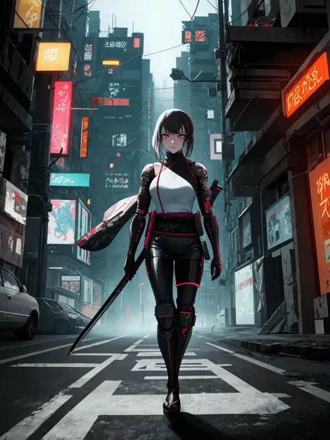 1 girl, (solo), (cyberpunk: 0.9), (samurai: 0.9), (futuristic costume: 0.8), (sci-fi: 0.8), (holding a katana: 0.8), (prosthetic arm: 0.8 ), (Prosthetic Eye: 0.8), (Neon City Background: 0.8), (Digital Tattoo: 0.8), (Urban Warfare Environment: 0.8), (Sleek Cyberpunk Aesthetics: 0.8)