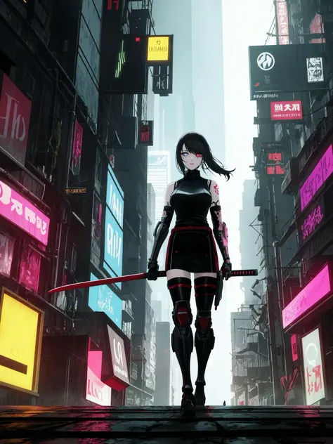 1 girl, (solo), (cyberpunk: 0.9), (samurai: 0.9), (futuristic costume: 0.8), (sci-fi: 0.8), (holding a katana: 0.8), (prosthetic arm: 0.8 ), (Prosthetic Eye: 0.8), (Neon City Background: 0.8), (Digital Tattoo: 0.8), (Urban Warfare Environment: 0.8), (Sleek Cyberpunk Aesthetics: 0.8)