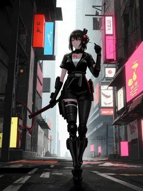 1 girl, (solo), (cyberpunk: 0.9), (samurai: 0.9), (futuristic costume: 0.8), (sci-fi: 0.8), (holding a katana: 0.8), (prosthetic arm: 0.8 ), (Prosthetic Eye: 0.8), (Neon City Background: 0.8), (Digital Tattoo: 0.8), (Urban Warfare Environment: 0.8), (Sleek Cyberpunk Aesthetics: 0.8)
