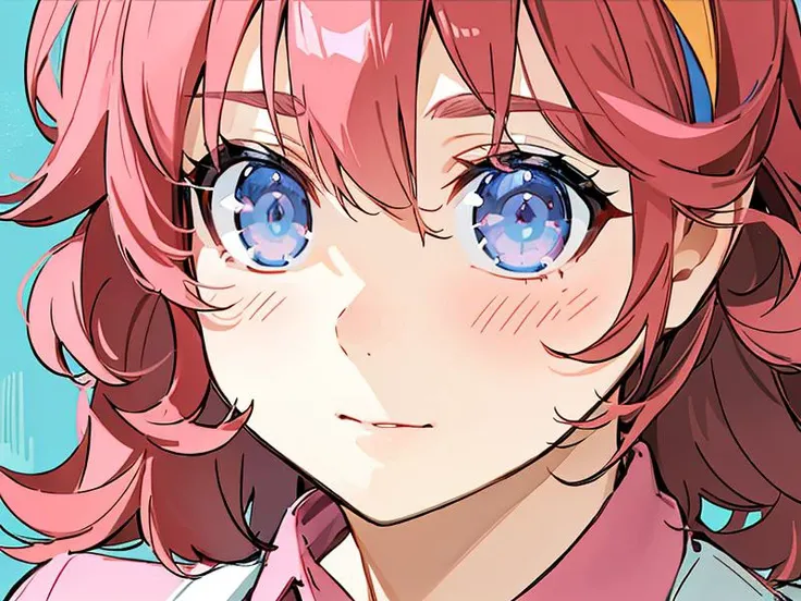 1girl, bangs, blue eyes, eyebrows visible through hair, hair between eyes, looking at viewer, pink shirt, portrait, red hair, short hair, solo