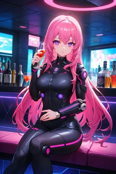 Cyberpunk, 1girl, sitting in a futuristic bar, holding a glass, modified human, elegant suit, pink hair, purple eyes, looking intrigued, finely drawn eyes and face and hands and fingers, complex background, neon, best quality, amazing detail, 4k, 8k, UHD, to scale, anime,