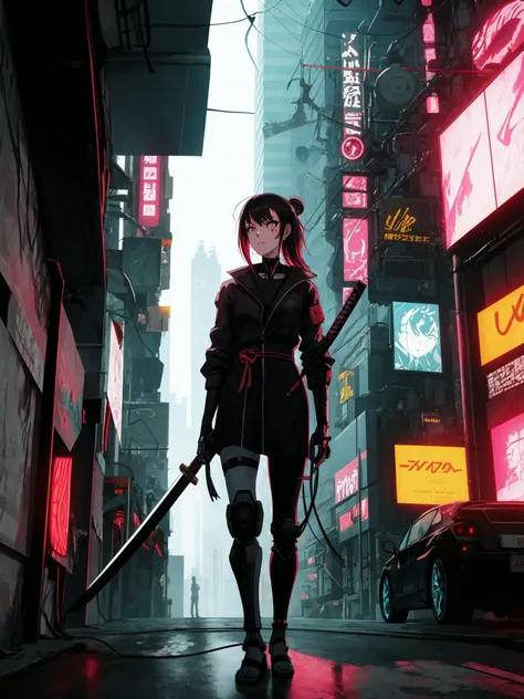1 girl, (solo), (cyberpunk: 0.9), (samurai: 0.9), (futuristic costume: 0.8), (sci-fi: 0.8), (holding a katana: 0.8), (prosthetic arm: 0.8 ), (Prosthetic Eye: 0.8), (Neon City Background: 0.8), (Digital Tattoo: 0.8), (Urban Warfare Environment: 0.8), (Sleek Cyberpunk Aesthetics: 0.8)