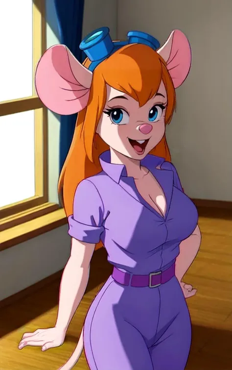 CARTOON_gadget_hackwrench_ownwaifu,
1girl, furry female, long hair, orange hair, blue eyes, bangs, sidelocks, buck teeth, animal ears, mouse ears, animal nose, mouse tail, body fur, tail, goggles, goggles on head, eyewear on head, breasts, medium breasts,
cleavage, jumpsuit, purple dress, collared shirt, short sleeves, sleeves rolled up, belt, pants,
<lora:CARTOON_gadget_hackwrench_ownwaifu:0.9> ,
((masterpiece)),((best quality)),(highres, absurdres), original, official_art, chromatic_aberration, bokeh, depth_of_field, window, wisteria, loaded_interior, skylight, sunset, indoors, window_shade, potted_plant, focused, looking at viewer, solo, cowboy shot,