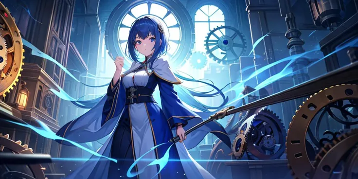 (Close-up:1.2), 1girl, solo, standing inside a fantasy clock tower, blue hair, white eyes, magician robes outfit, intricate background, (clockwork, mechanical items, many cogs:1.2), workshop, all connected, dusty floor, shadowy smoke, dim lighting, panoramic view, dark theme, best quality, amazing detail, 4k, 8k, uhd,