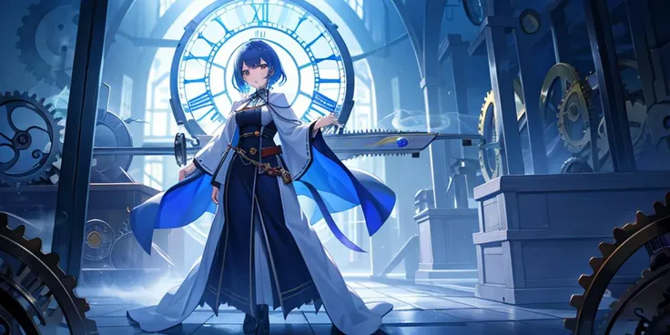 (Close-up:1.2), 1girl, solo, standing inside a fantasy clock tower, blue hair, white eyes, magician robes outfit, intricate background, (clockwork, mechanical items, many cogs:1.2), workshop, all connected, dusty floor, shadowy smoke, dim lighting, panoramic view, dark theme, best quality, amazing detail, 4k, 8k, uhd,