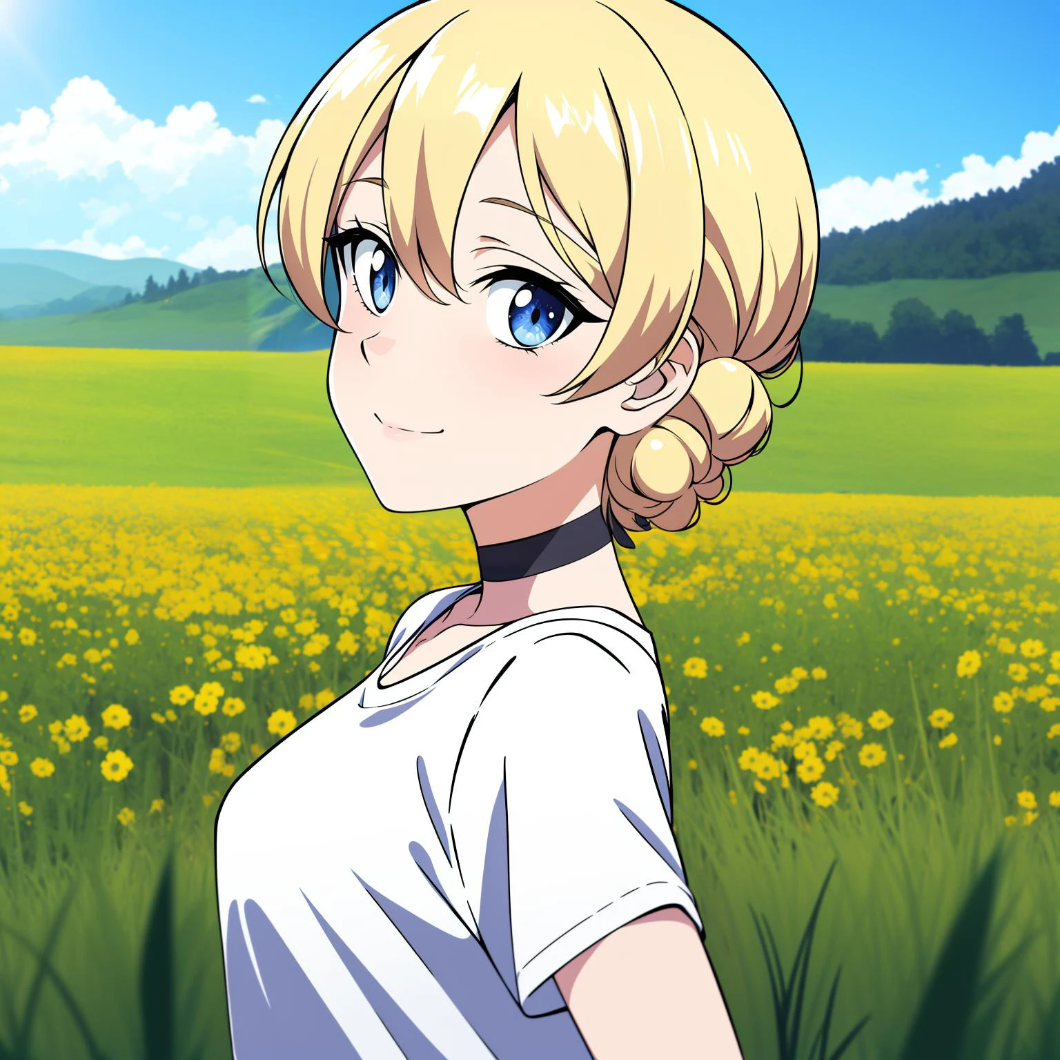 1girl, solo, darjeeling, medium breasts, white t-shirt, choker, light smile, portrait, field, from side, looking at viewer, wind, masterpiece, best quality, <lora:epoch2pruned:1>