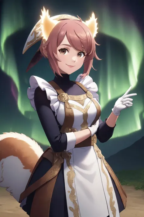 masterpiece, best quality, aurorastyle, ratatoskr, headdress, animal ears, dress, apron, white gloves, cowboy shot, looking at viewer, smile <lora:ratatoskr-fe-richy-v1:0.9> <lora:aurora-style-richy-v1:0.9>