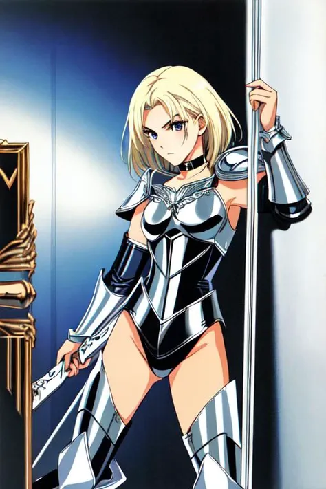 best quality,absurdres,ultra-fine painting,sharp focus,extreme detail description,Professional,full_body,valkyrie,solo,medium breasts,Thin mouth,shiny skin,white skin,glamor,arched eyebrows,leather_boots,choker,shin_guards,breastplate,medium hair,platinum blonde hair,pupils sparkling,