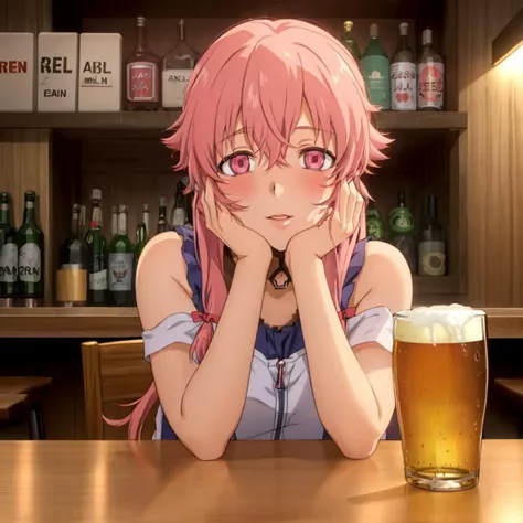 gasai yuno, yandere trance, mug of beer on the table, bar background, <lora:yunov2-more:0.85>, <lora:yandereTranceMore:0.75>