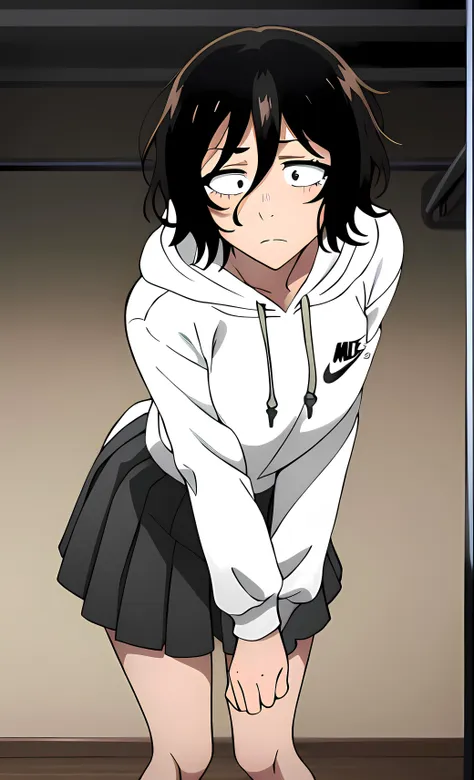 ((best quality)),((highly detailed)),masterpiece,absurdres,detailed face,beautiful face,(detailed eyes, deep eyes),(1girl),((dynamic pose)),  1girl, <lora:AkiraV1:0.7>,Akira, wearing  black hair, solo, short Skirt under hoodie, "Nike", skirt, (Nike, wearing Jordans,(white oversized Nike hoodie):1.1), short hair, standing, Inside a clothing store, clothing store,  sanpaku,indoors, messy hair, constricted pupils, bags under eyes, hair between eyes, long sleeves, looking at viewer, closed mouth, frown,breasts, black eyes, miniskirt, wide-eyed, bangs, black skirt,  medium breasts, shoes visible