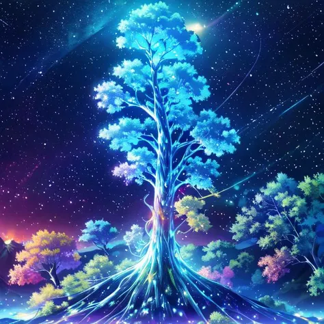 anime, ah1, best quality, amazing quality, best aesthetic, absurdres, illustration, Volumetric_Lighting, ultra-detailed, very aesthetic, intricate details, 8k, masterpiece, best_quality,  Stable_Yogis_PDXL_Positives, <lora:TREE:0.6> (((bioluminescence, glowing tree, magic forest))), <lora:Vibrance:0.6>, <lora:colorful_mix_0.1:0.6> colorfulmix, multicolored, <lora:colorfixSD1:0.6>, <lora:ambiance:0.6>, <lora:20240526-1716718108429:0.6> fluorescence, space, stars, trees sprouting,