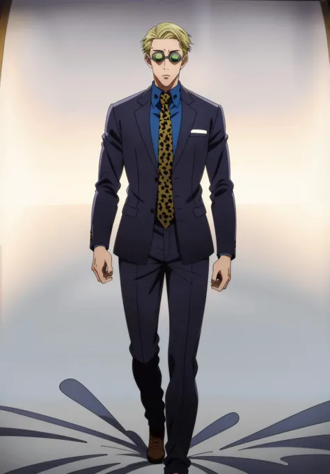 arms behind back, masterpiece,highres,high quality,extremely detailed,solo, <lora:KentoNanami001:0.7>, goggles,tinted eyewear, KentoNanami,1man, serious,jacket,formal,suit,collared shirt,blue shirt,necktie,yellow necktie,leopard print, full body, dakimakura, lying on white bed sheet, full body, on back, dressed, finely detailed eyes, finely detailed face , walking, photoshoot