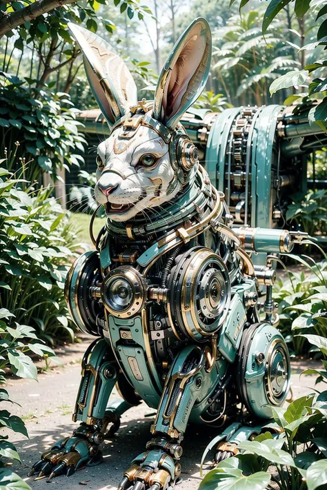 ((masterpiece)), ((best quality)), 8k, high detailed, ultra-detailed, A mechanical rabbit, harmoniously integrated into the beauty of nature, capturing the balance between technology and the environment, ((nature)), ((harmonious integration)), ((technology and environment balance)), gear mechanisms, under the tree,light rays,1girl, <lora:Mechanicalrabbit:0.7>