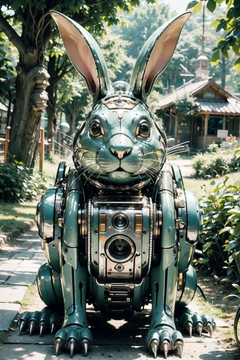 ((masterpiece)), ((best quality)), 8k, high detailed, ultra-detailed, A mechanical rabbit, harmoniously integrated into the beauty of nature, capturing the balance between technology and the environment, ((nature)), ((harmonious integration)), ((technology and environment balance)), gear mechanisms, under the tree,light rays,1girl, <lora:Mechanicalrabbit:0.7>