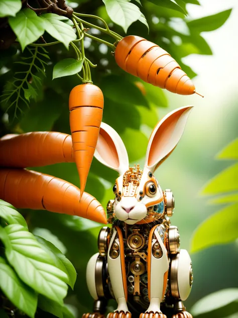 ((masterpiece)), ((best quality)), 8k, high detailed, ultra-detailed, A mechanical rabbit, harmoniously integrated into the beauty of nature, capturing the balance between technology and the environment, ((nature)), ((harmonious integration)), ((technology and environment balance)), gear mechanisms, under the tree, fluttering leaves, sun rays through canopy, A big carrot,<lora:Mechanicalrabbit:0.7>