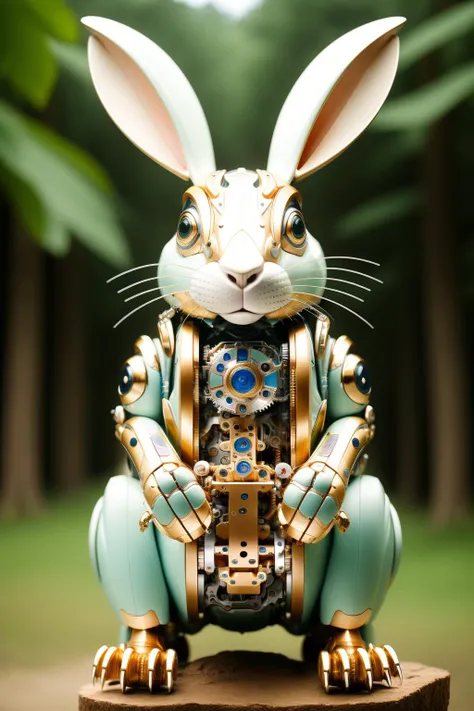 ((masterpiece)), ((best quality)), 8k, high detailed, ultra-detailed, A mechanical rabbit, harmoniously integrated into the beauty of nature, capturing the balance between technology and the environment, ((nature)), ((harmonious integration)), ((technology and environment balance)), gear mechanisms, under the tree,light rays,<lora:Mechanicalrabbit:0.7>