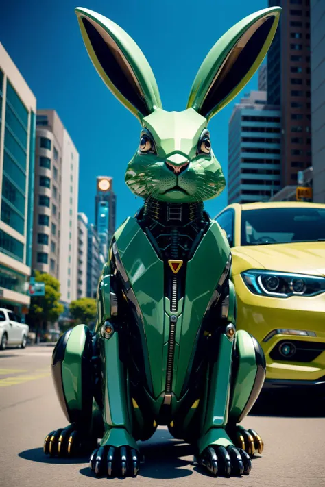 sleek black stealth mechanical rabbit,car, cyberpunk city in background,<lora:Mechanicalrabbit:0.7>