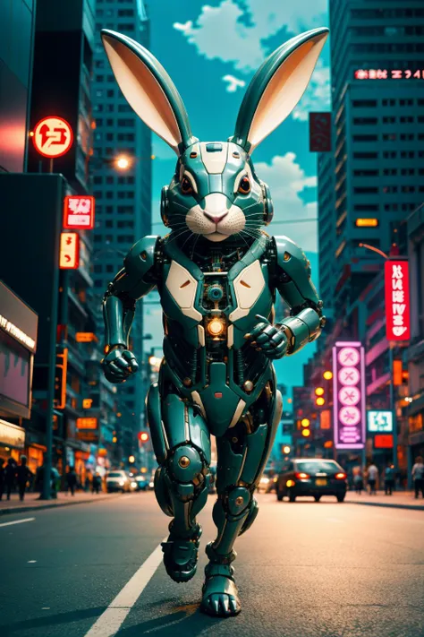 sleek black stealth mechanical rabbit,running, cyberpunk city in background,<lora:Mechanicalrabbit:0.7>