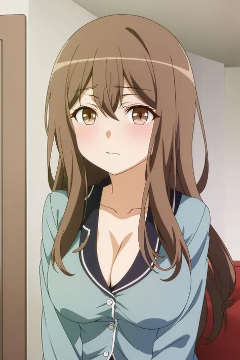 (masterpiece, best quality, high quality, highres, ultra-detailed), <lora:yui_tamashii_insert-10:1> takahashi yui, 1girl, brown hair, long hair, brown eyes, hair between eyes
pajamas, cleavage, large breasts,