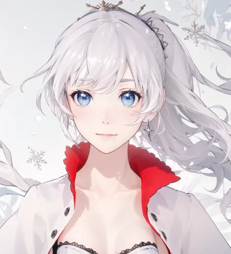 <(masterpiece), (extremely intricate:1.2)>, weiss_schnee, 1girl,solo, upper body,  wavy hair, dynamic, flutter, wind, snowflake, looking at viewer, ponytail, portrait of a girl,red stand-up collar, from front