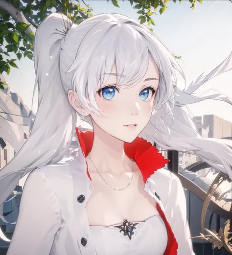 <(masterpiece), (extremely intricate:1.2)>, weiss_schnee, 1girl,solo, upper body,  wavy hair, dynamic, flutter, wind, snowflake, looking at viewer, ponytail, portrait of a girl,red stand-up collar