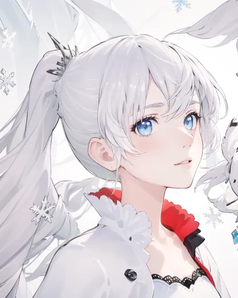 <(masterpiece), (extremely intricate:1.2)>, weiss schnee, 1girl,solo, portrait of a girl, wavy hair, dynamic, flutter, wind, snowflake,ponytail