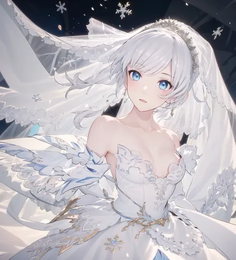 <(masterpiece), (extremely intricate:1.2)>, weiss schnee, 1girl,solo, upper body,  wavy hair, dynamic, flutter, wind, snowflake,(Wedding dress:1.3),(bridal veil:1.3)