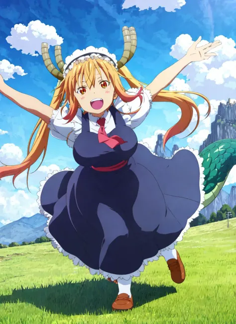 tohru, kyoto animation, cel shading, maid uniform, ((tail)), monster girl, excited, outside,grass, happy, smile, teeth, cinematic lighting, eyes,mountains, clouds,solo,armwear
<lora:tohru v1.2:1>