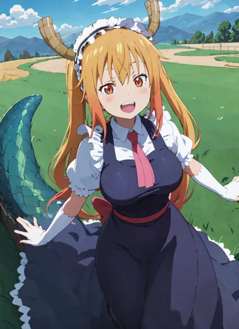 tohru, kyoto animation, cel shading, maid uniform, ((tail)), monster girl, excited, outside,grass, happy, smile, teeth, cinematic lighting, eyes,mountains, clouds,solo,armwear
 <lora:tohru v1.2:1>