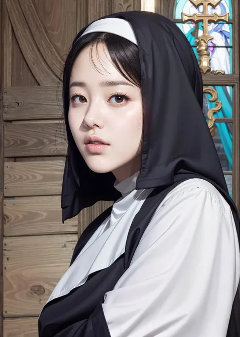 8k, raw photo, (masterpiece), (best quality), highres, (realistic, photo-realistic:1.4), ultra detailed, super_detail, ultra highres, perfect_anatomy, realistic,(cowboy shot), <lora:Gohyunjeong-09:1>,bang hair, nun, church