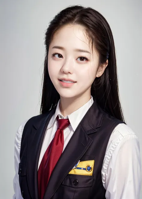 8k, raw photo, (masterpiece), (best quality), highres, (realistic, photo-realistic:1.4), ultra detailed, super_detail, ultra highres, perfect_anatomy, realistic, <lora:Gohyunjeong-10:1.2>, school uniform shirt, yellow vest, red neck tie, (smile)