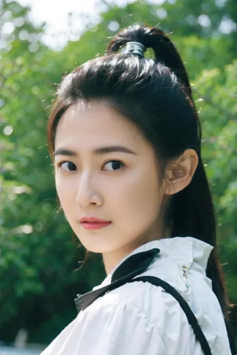 cyq,<lora:sssss-000016:1>,(upper_body:1.1),(Just one person),(One person),(ultra wide angle shooting),best quality,(realistic photograph),mysterious,looking at viewer,Highest pixel,highest quality,large aperture,cinematic_angle,<lora:é²é¢å¤´é«é©¬å°¾:0.3>,forehead,pony tail,<lora:FilmVelvia3:0.5>,